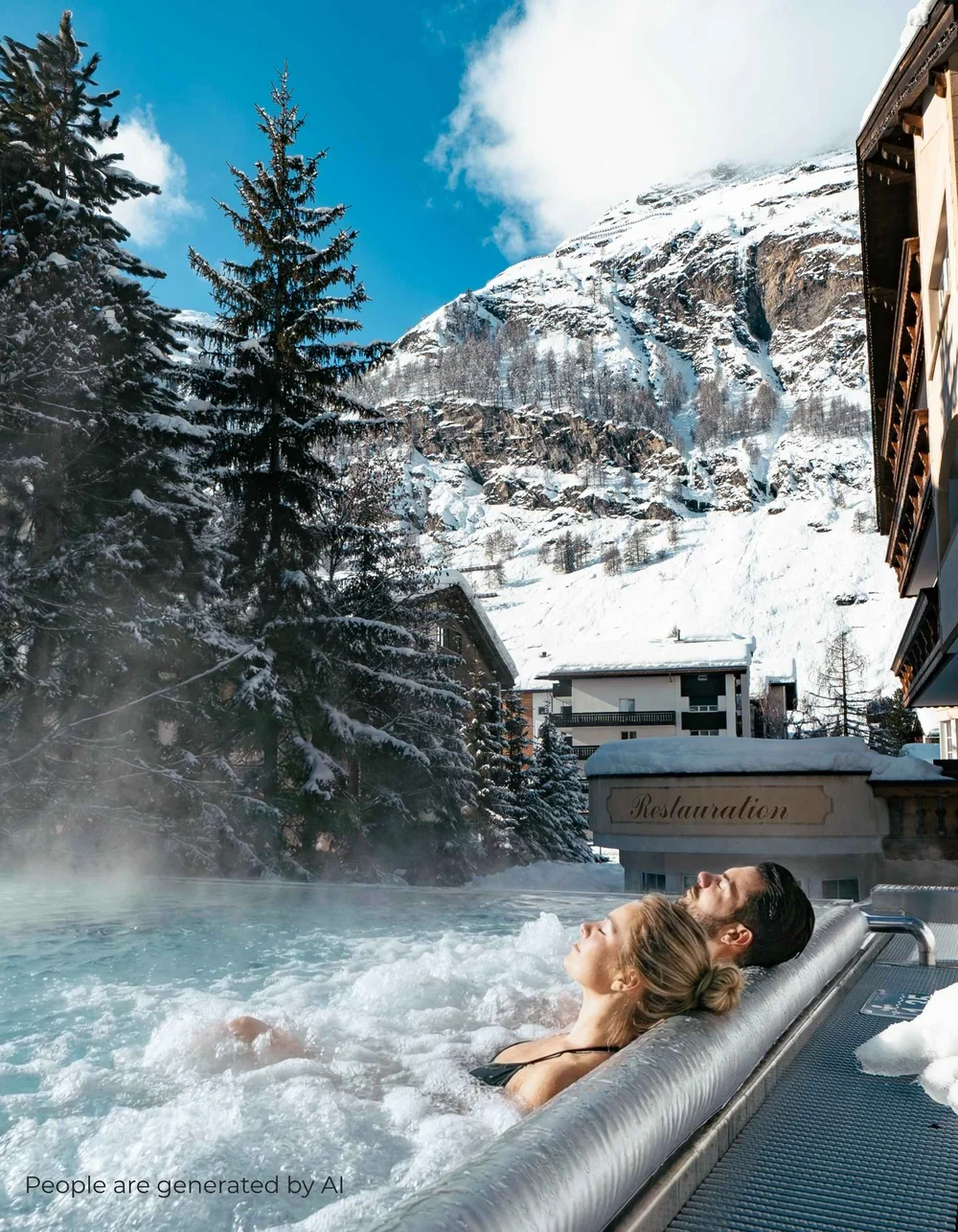 La Ginabelle: Ihr 4*S Wellnessresort in Zermatt Menschen im Infinitypool mit Massagedüsen und Aussicht auf die verschneiten Berge im Winter.