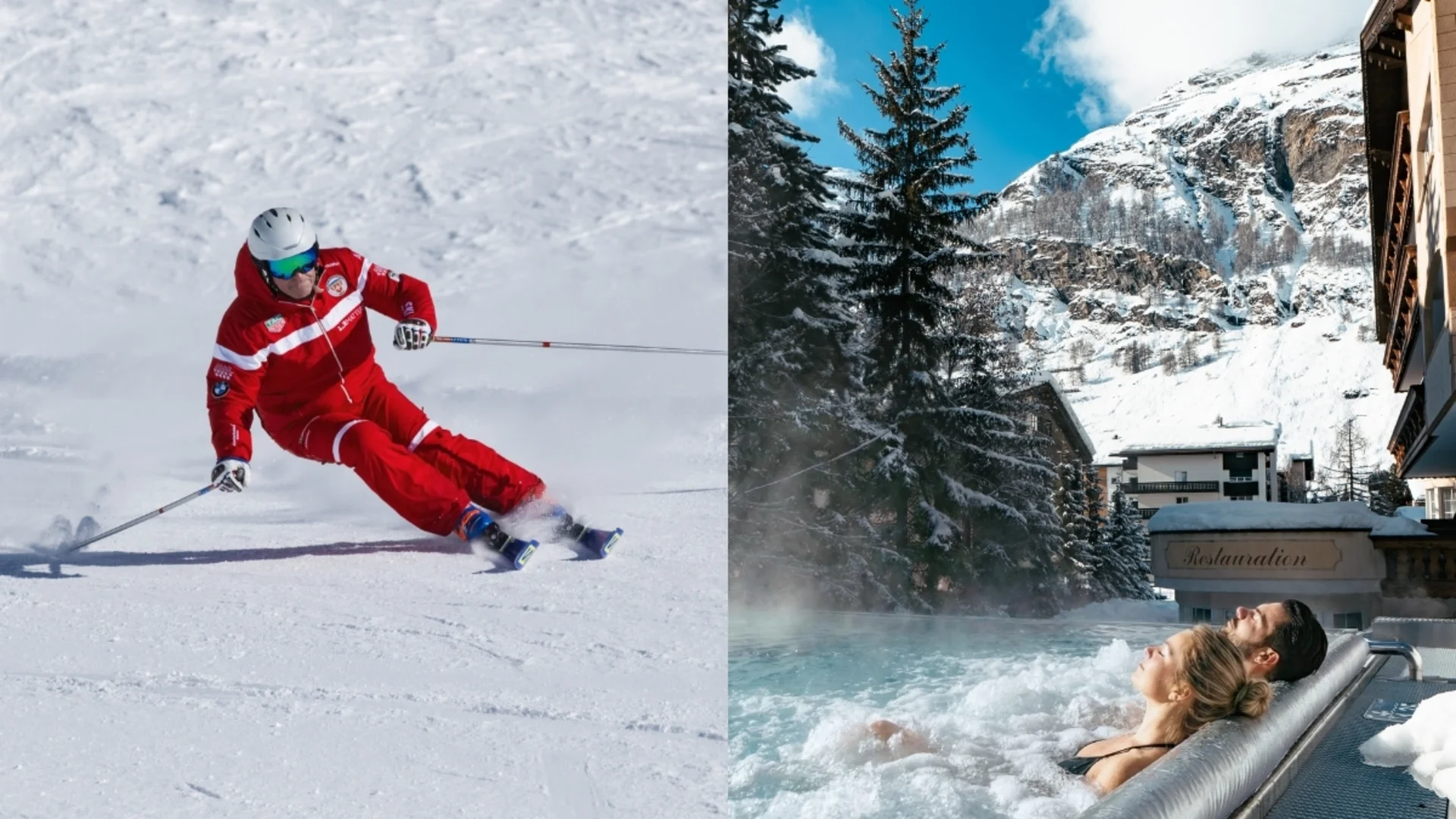 Resort La Ginabelle Zermatt: Ihr 4*S Wellnessresort in Zermatt Mann am Skifahren und ein Paar im Aussenpool am entspannen.