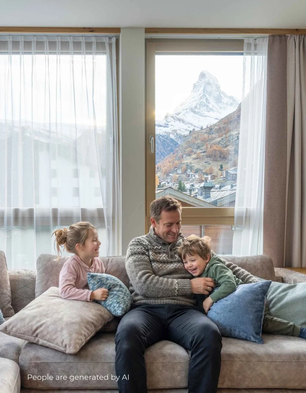 La Ginabelle: Ihr 4*S Wellnessresort in Zermatt Vater spielt mit Kindern auf dem Sofa, im Hintergrund das Matterhorn.